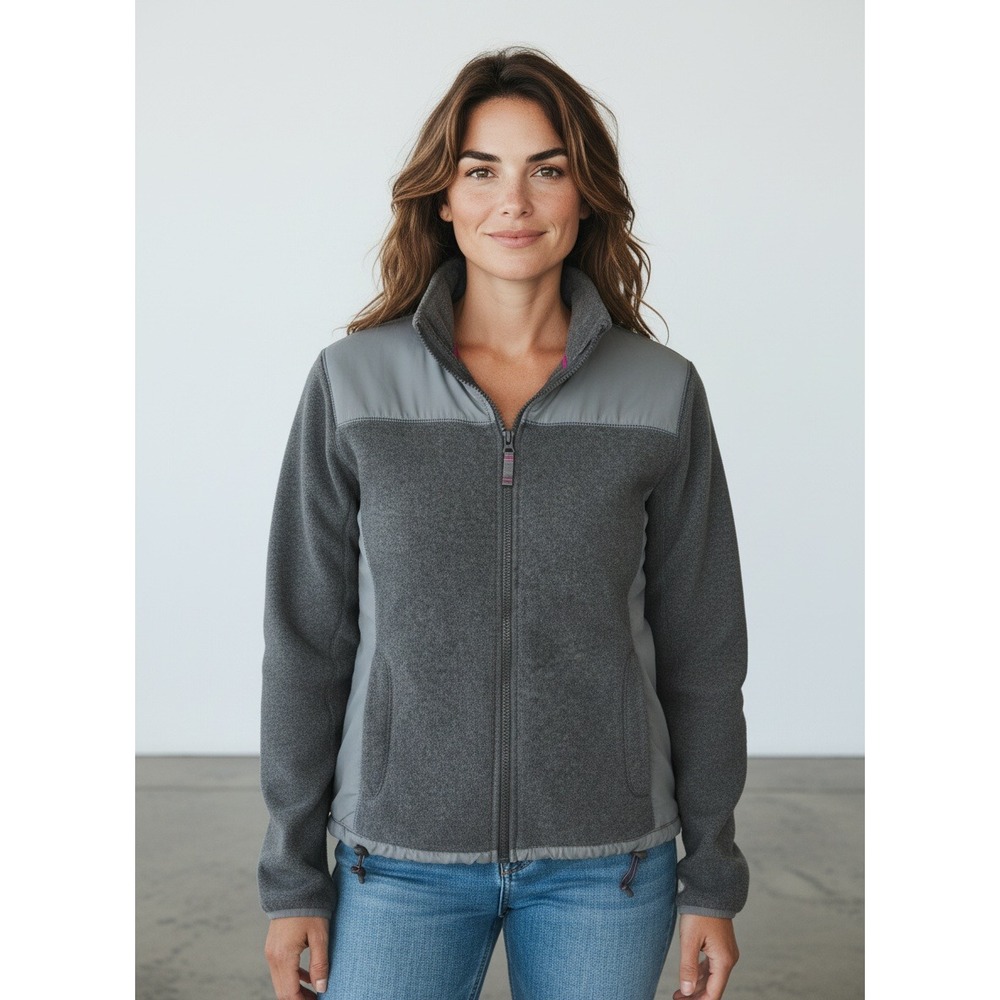 Aeropostale Womens L Gray Full Zip Fleece Jacket Mock Neck Nylon Trim